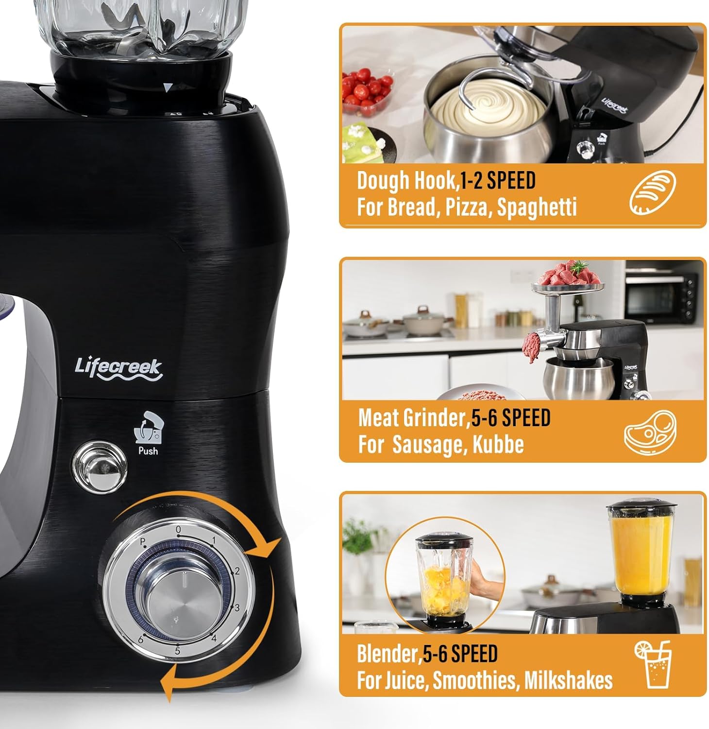 6-in-1 Multifunctional Stand Mixer, 5.3Qt 660W, 6-Speed Tilt-head, Electric Kitchen Mixer with Stainless Steel Bowl,Meat Grinder, Juice Blender (Black)