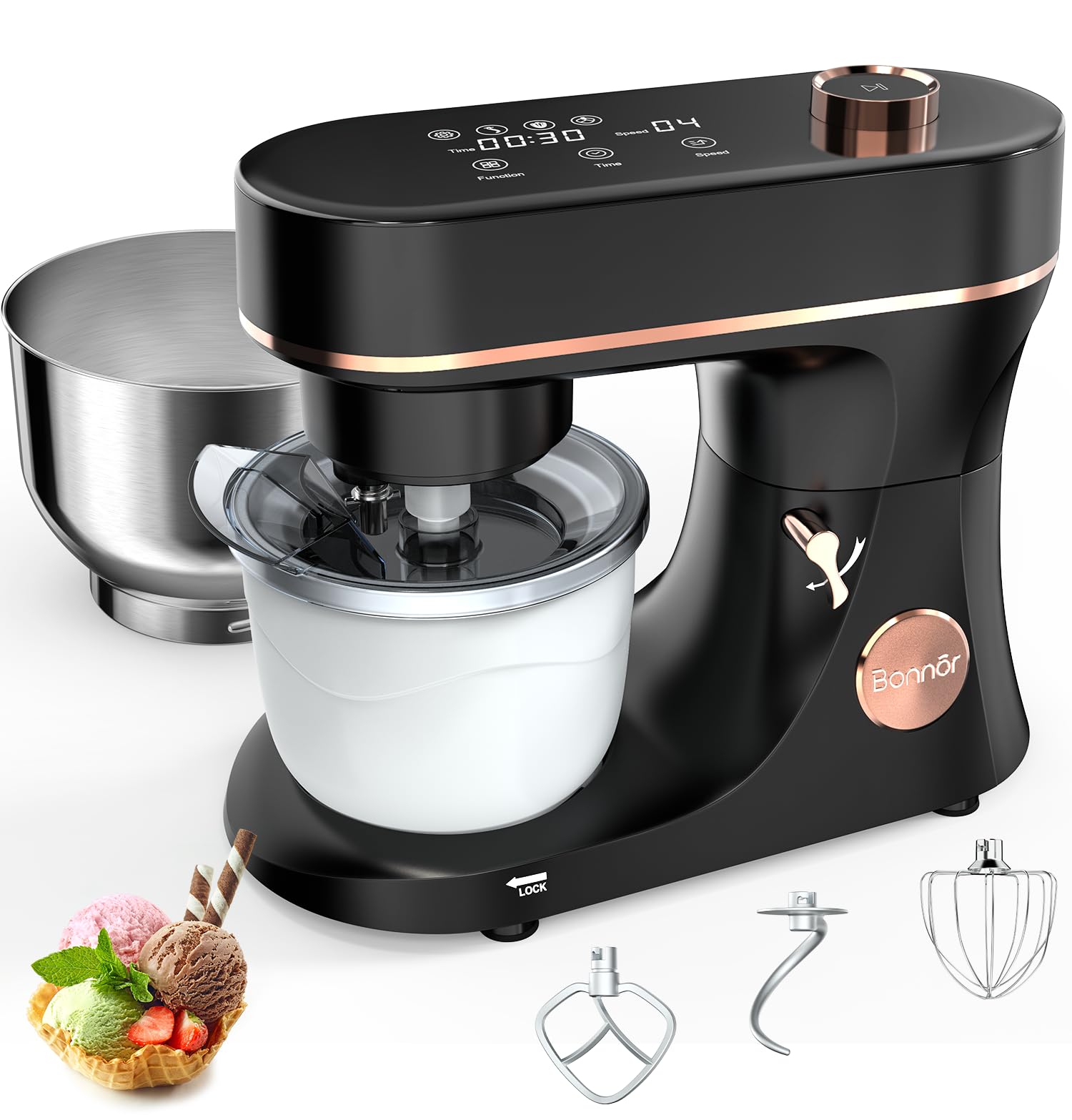 Stand Mixer 6QT Kitchen Mixer with LED Touchscreen, 11-Speed Tilt-Head Mixer with Timer, 4 Preset Menus, Stainless Steel Bowl, Dough Hook, Whisk, Beater