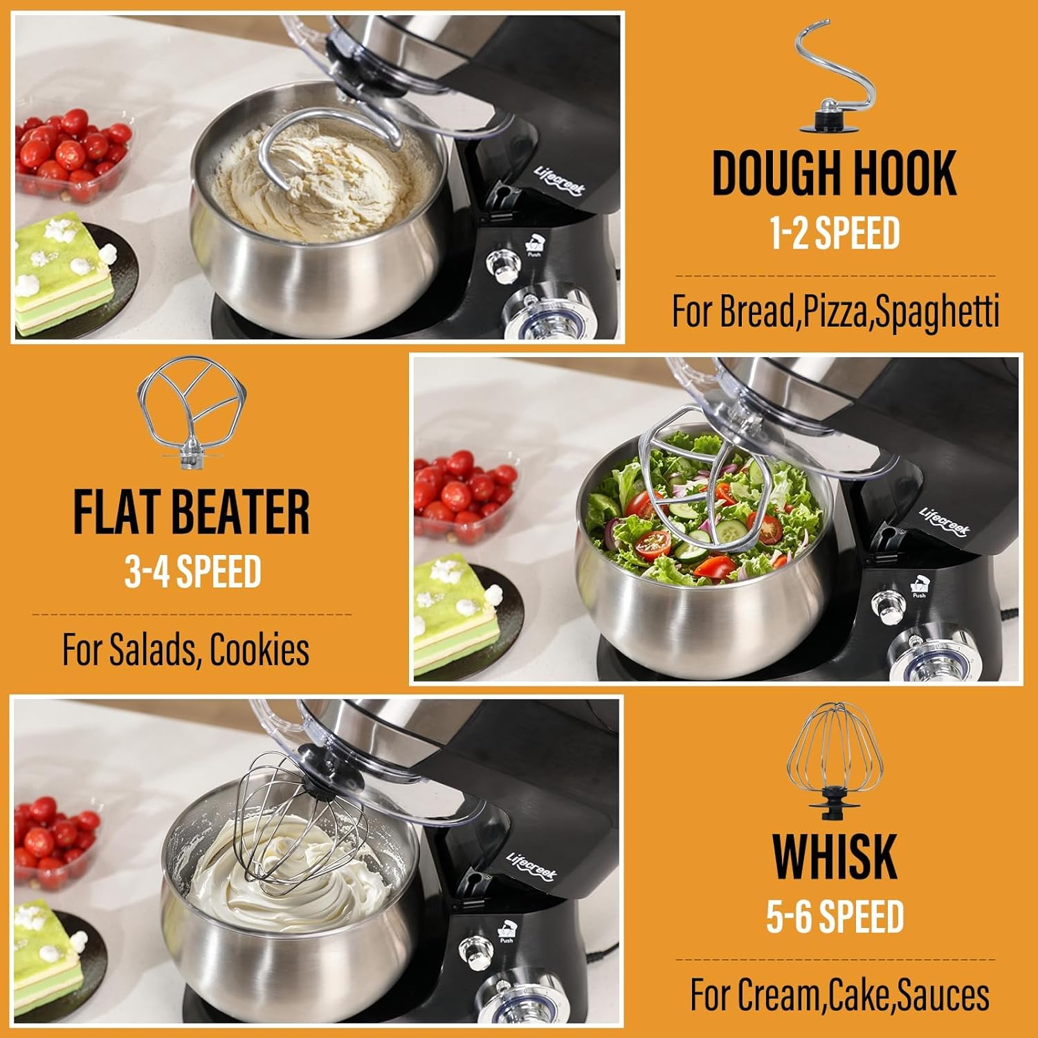 6-in-1 Multifunctional Stand Mixer, 5.3Qt 660W, 6-Speed Tilt-head, Electric Kitchen Mixer with Stainless Steel Bowl,Meat Grinder, Juice Blender (Black)