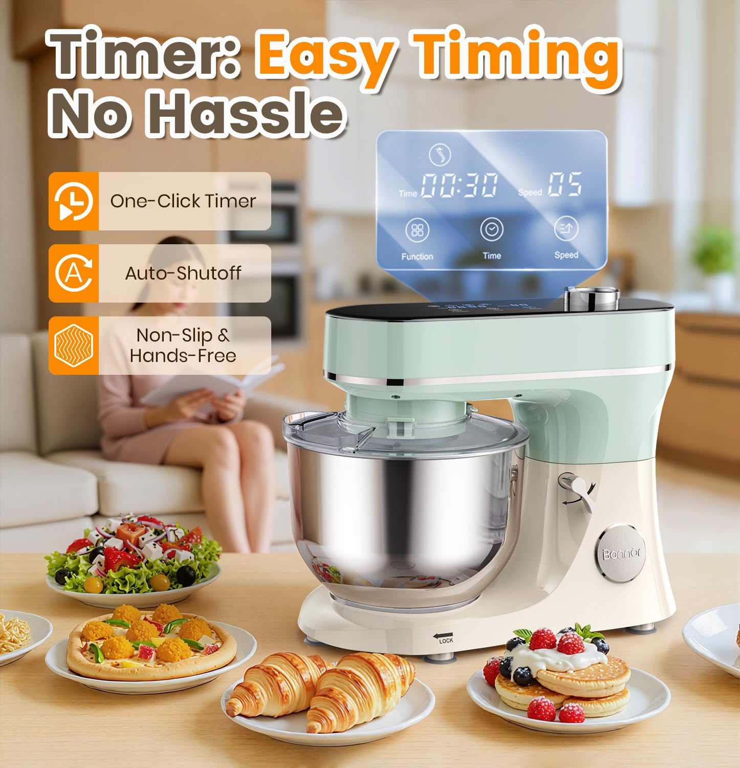 Stand Mixer 6QT Kitchen Mixer with LED Touchscreen, 11-Speed Tilt-Head Mixer with Timer, 4 Preset Menus, Stainless Steel Bowl, Dough Hook, Whisk, Beater
